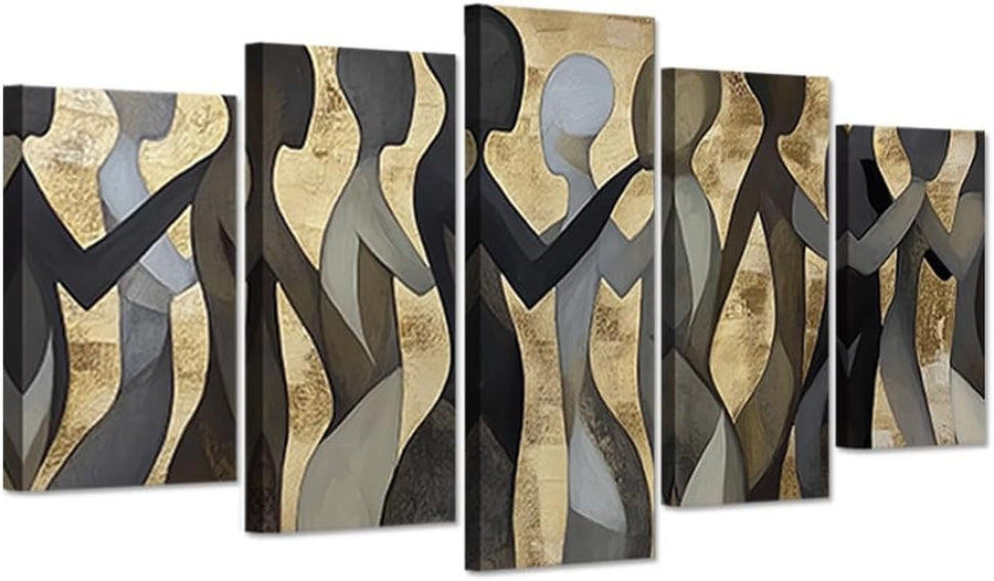 5 Piece Black Gold Abstract Canvas Wall Art Framed Modern Set