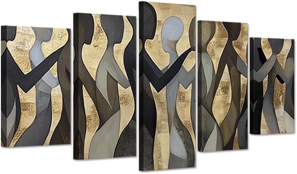 5 Piece Black Gold Abstract Canvas Wall Art Framed Modern Set