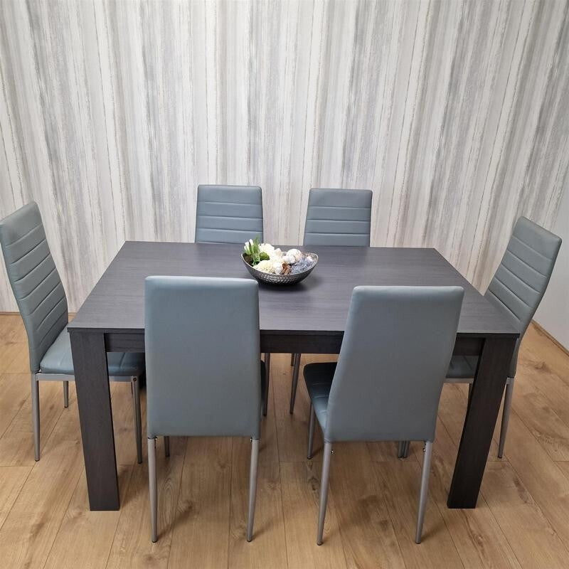 Dark Grey Dining Table Set with 6 Faux Leather Chairs Modern Kitchen
