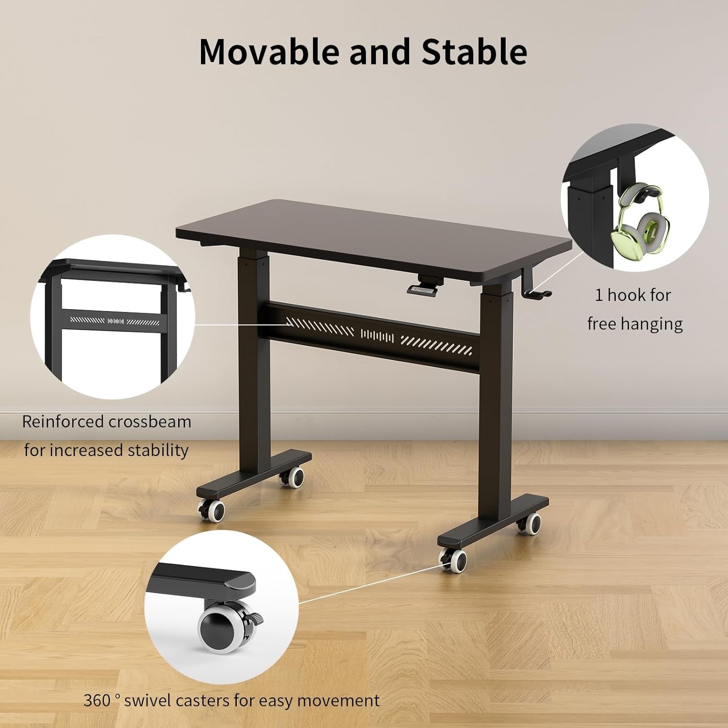 Black Mobile Standing Desk Walking Pad Compatible Adjustable Pneumatic Desk
