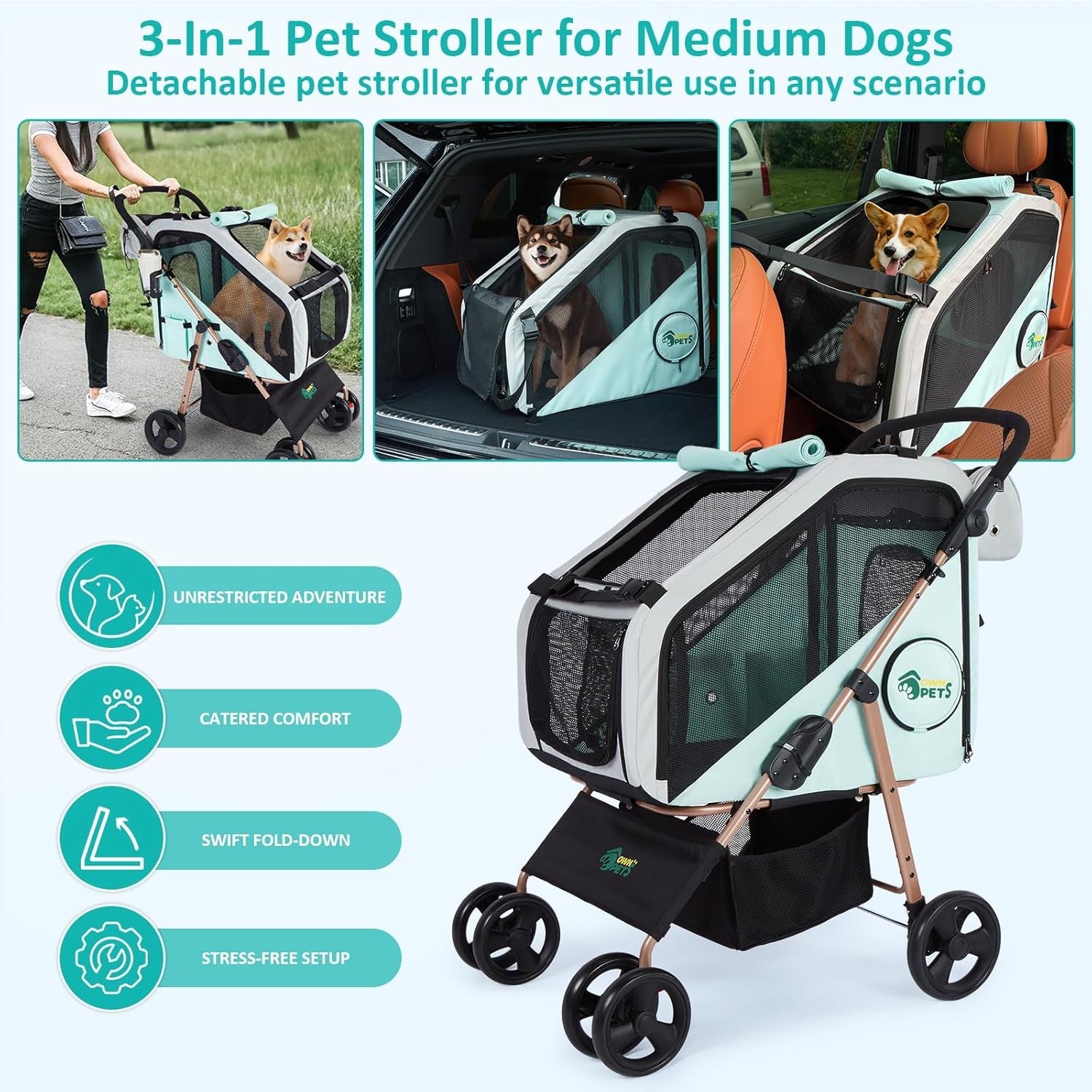 3 in 1 Pet Stroller Dog Pushchair Detachable Carrier 30kg 4 Wheel Fold