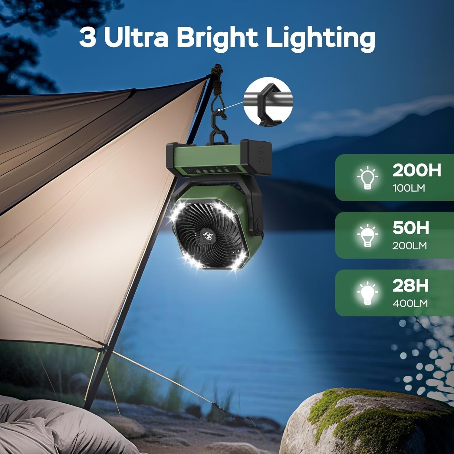 20000mAh Camping Fan – LED Desk Fan w/ Remote, Hook & Rechargeable Battery Green