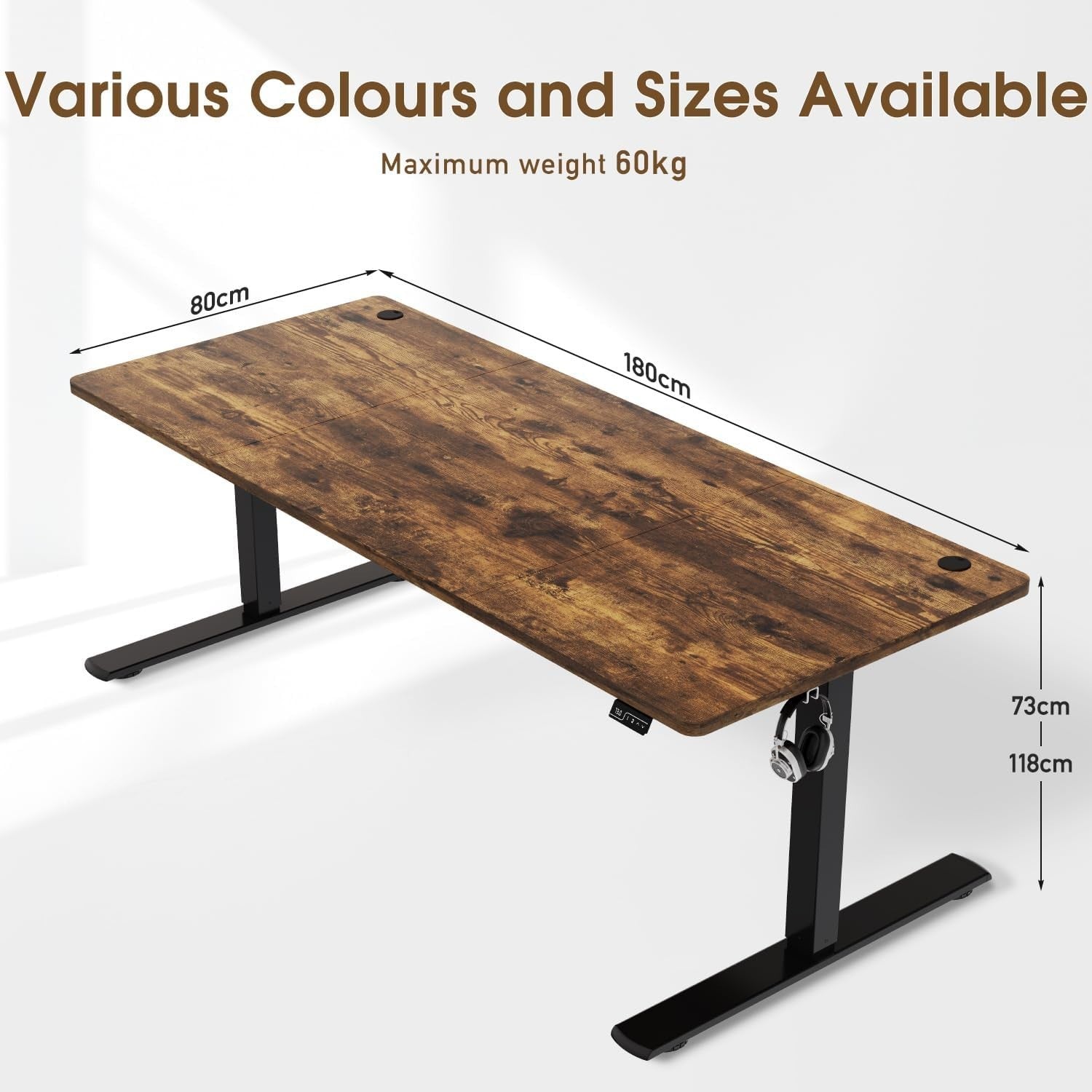 Rustic Brown Electric Standing Desk 180x80cm Adjustable Home Office Table