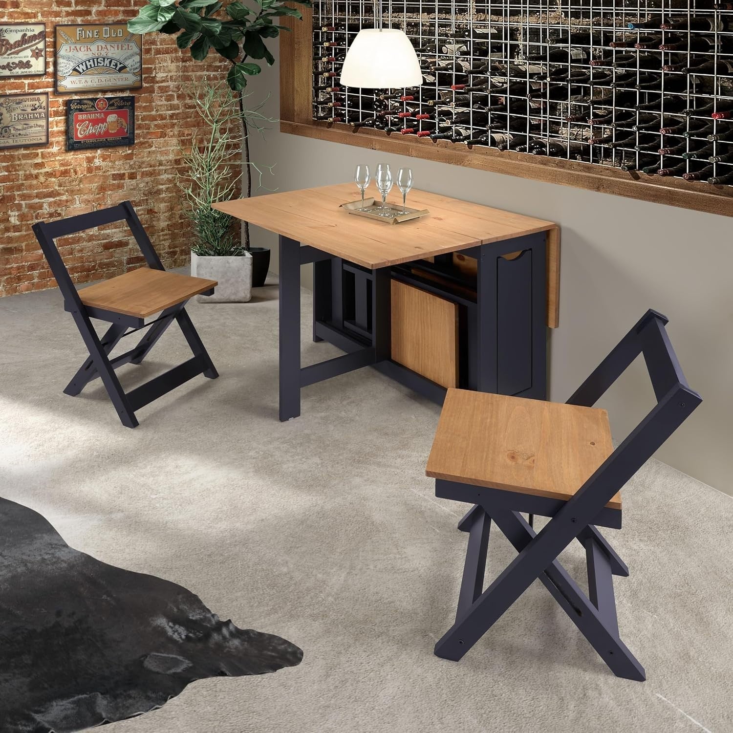Navy Blue Folding Dining Set for Small Spaces | Waxed Pine Table + 4 Chairs