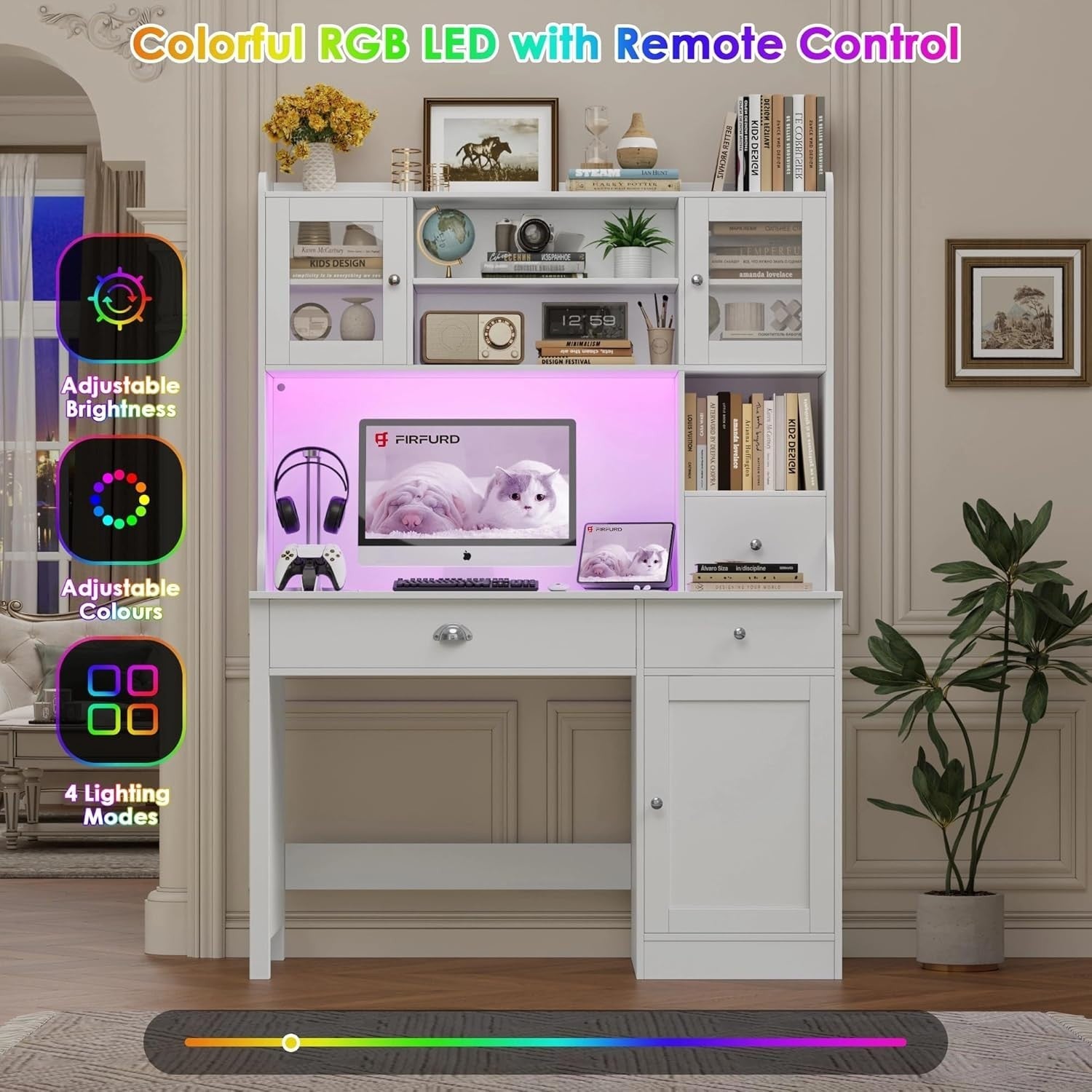White Computer Desk with Drawers, Shelves, Power Outlet & LED Lights 120cm
