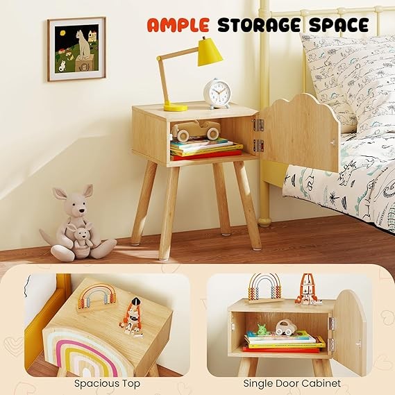 Kids Bedside Tables Set of 2 – Solid Wood Legs, Cute Door Cabinet Storage Units