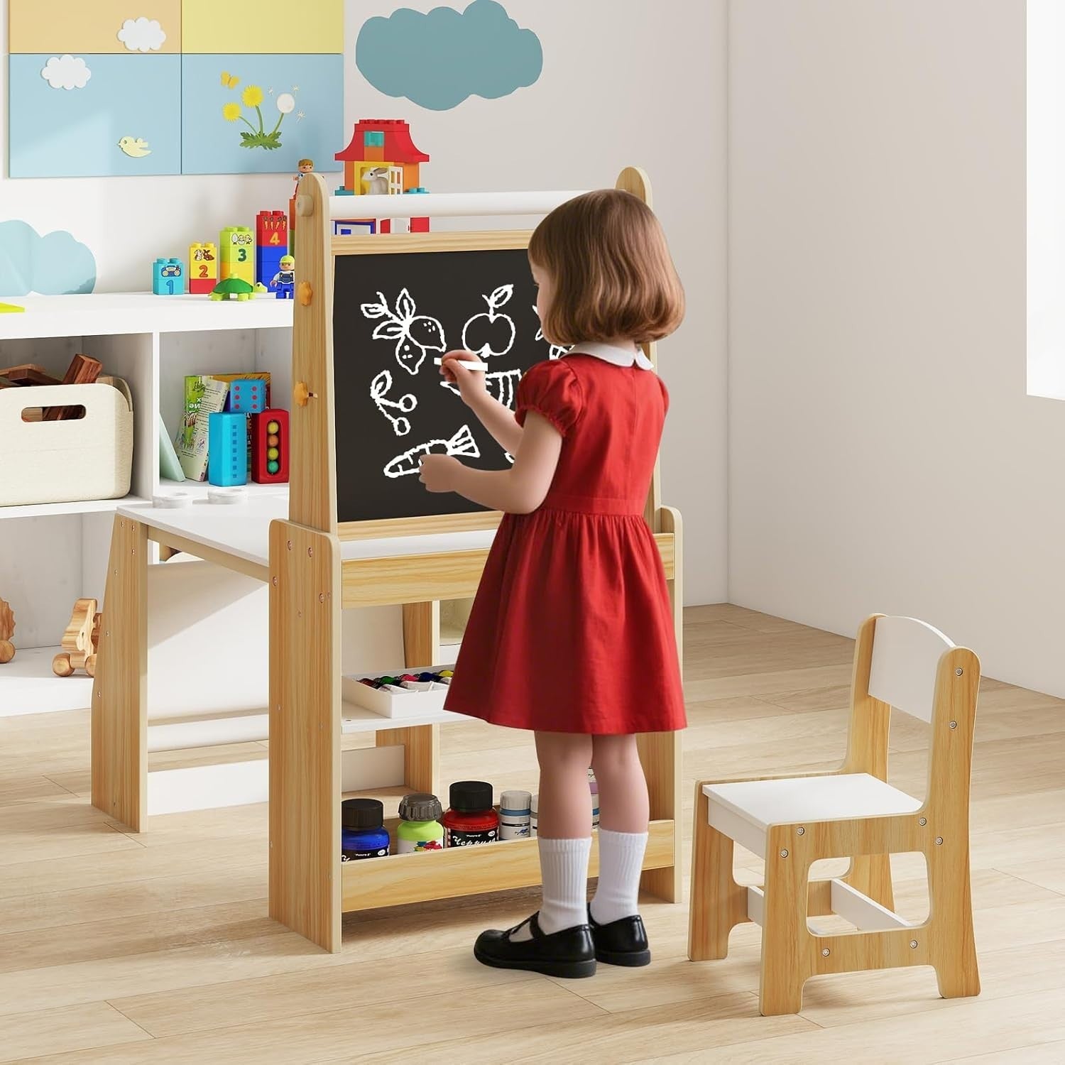 Kids Art Table & Chair Set with Double-Sided Easel, Paper Roll & Storage Shelves