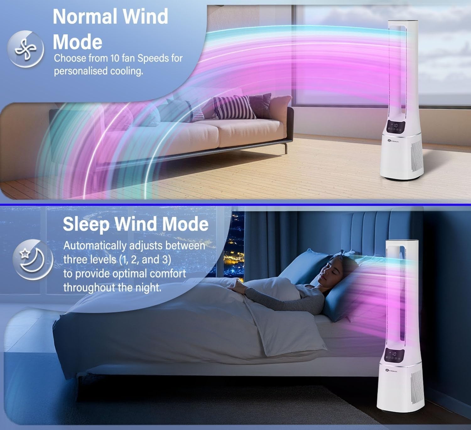 2-in-1 Bladeless Tower Fan Air Purifier HEPA Filter 10-Speed Remote White Quiet