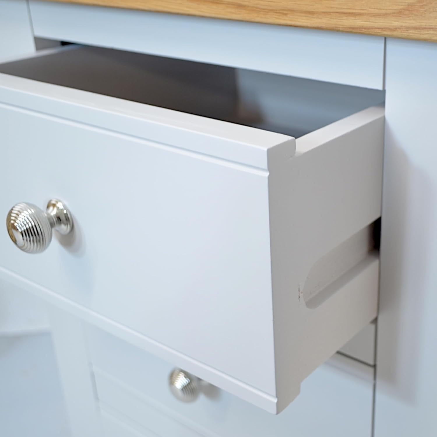 Painted Grey Bedside Table with 3 Drawers – Real Wood Slim Oak Top