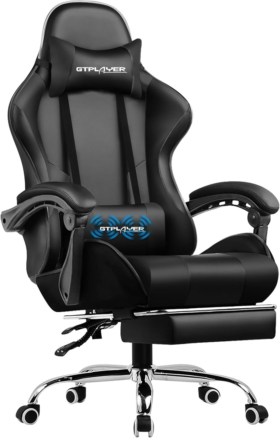 Gaming Chair PU Leather Desk Office Swivel Recliner Footrest Massager Lumbar Bla