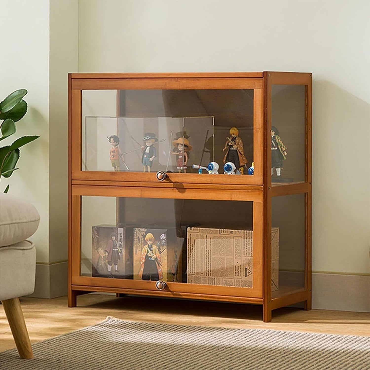 Glass Display Cabinet with Shelves, Lockable Wood Unit for Collectibles