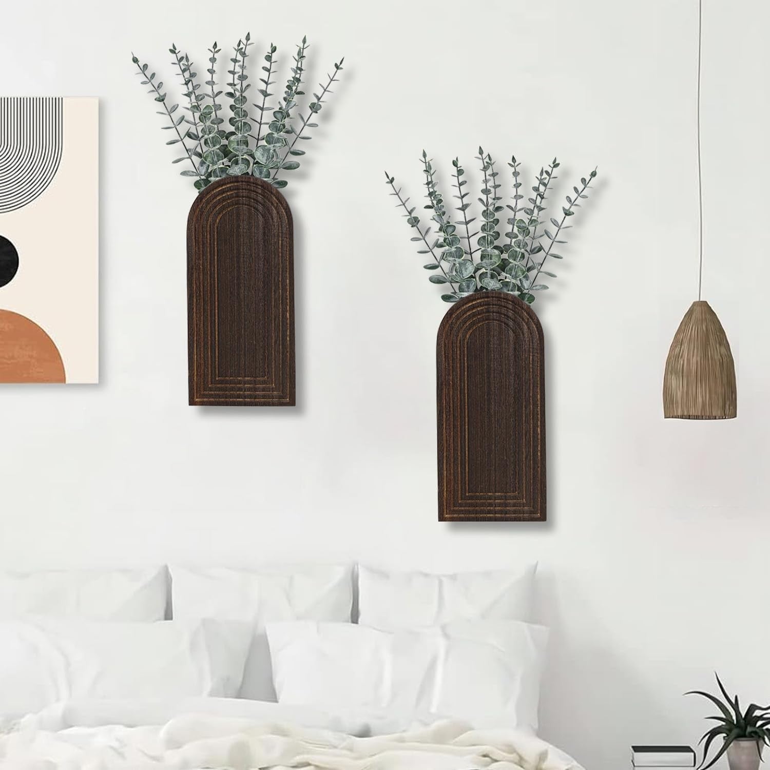 Wooden Wall Vase Set of 2 Dark Brown Farmhouse Entryway Hanging Decor