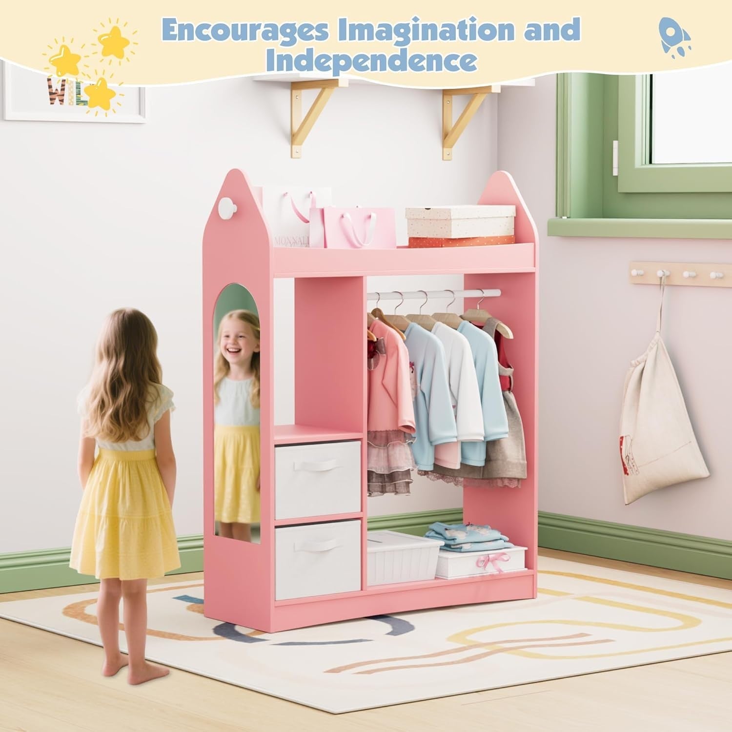 Kids Wardrobe with Mirror, 2 Drawers & Hanging Rail, Pink Rocket Design