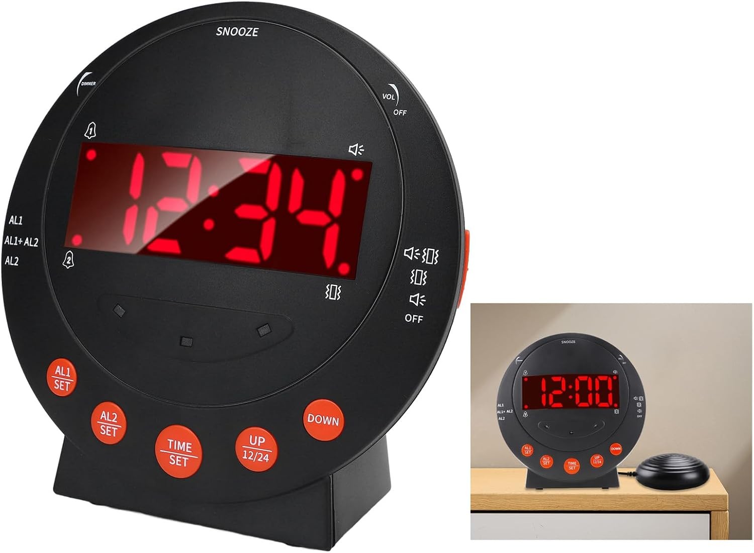 Loud Vibrating Alarm Clock Bed Shaker Red LED Display Heavy Sleepers