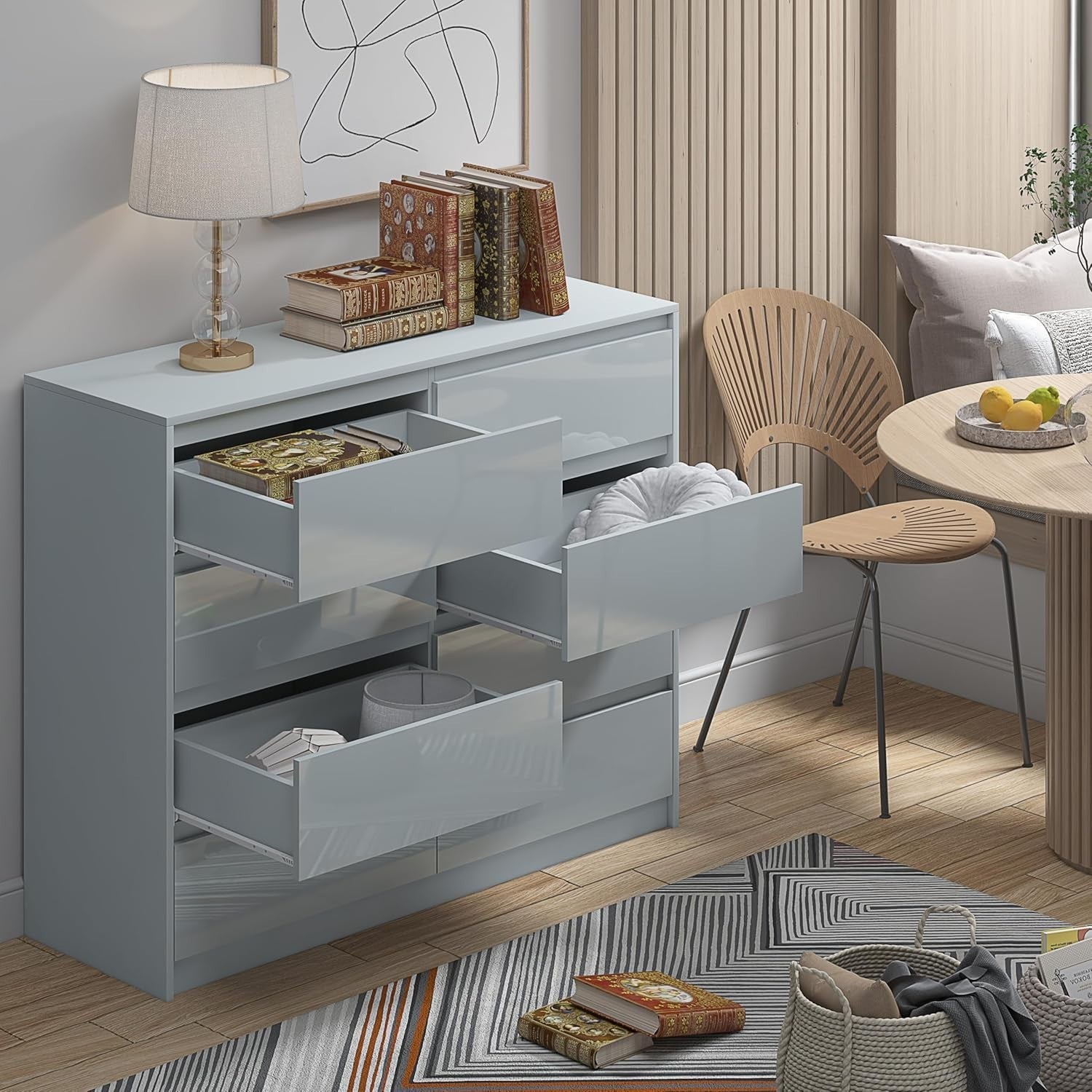 Glossy Grey 8 Drawer Chest - Modern Handleless Bedroom Storage Cabinet