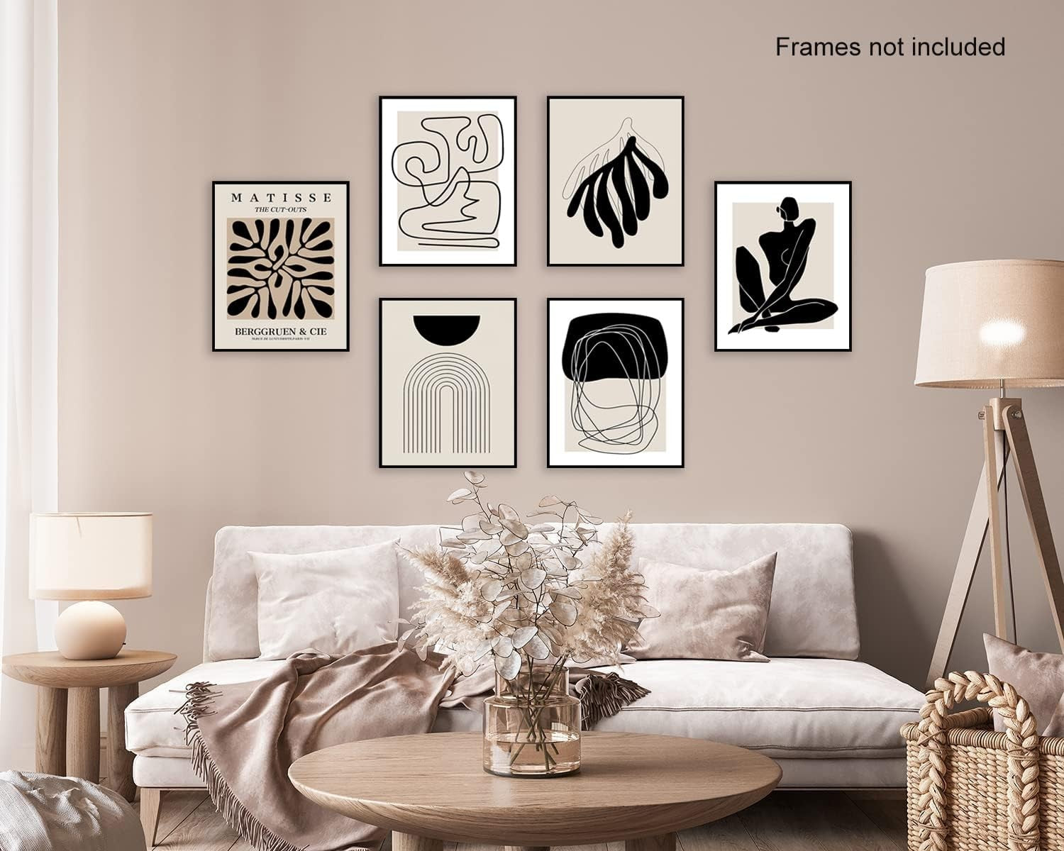 Boho Wall Art Set of 6 Black White 8x10 Abstract Prints
