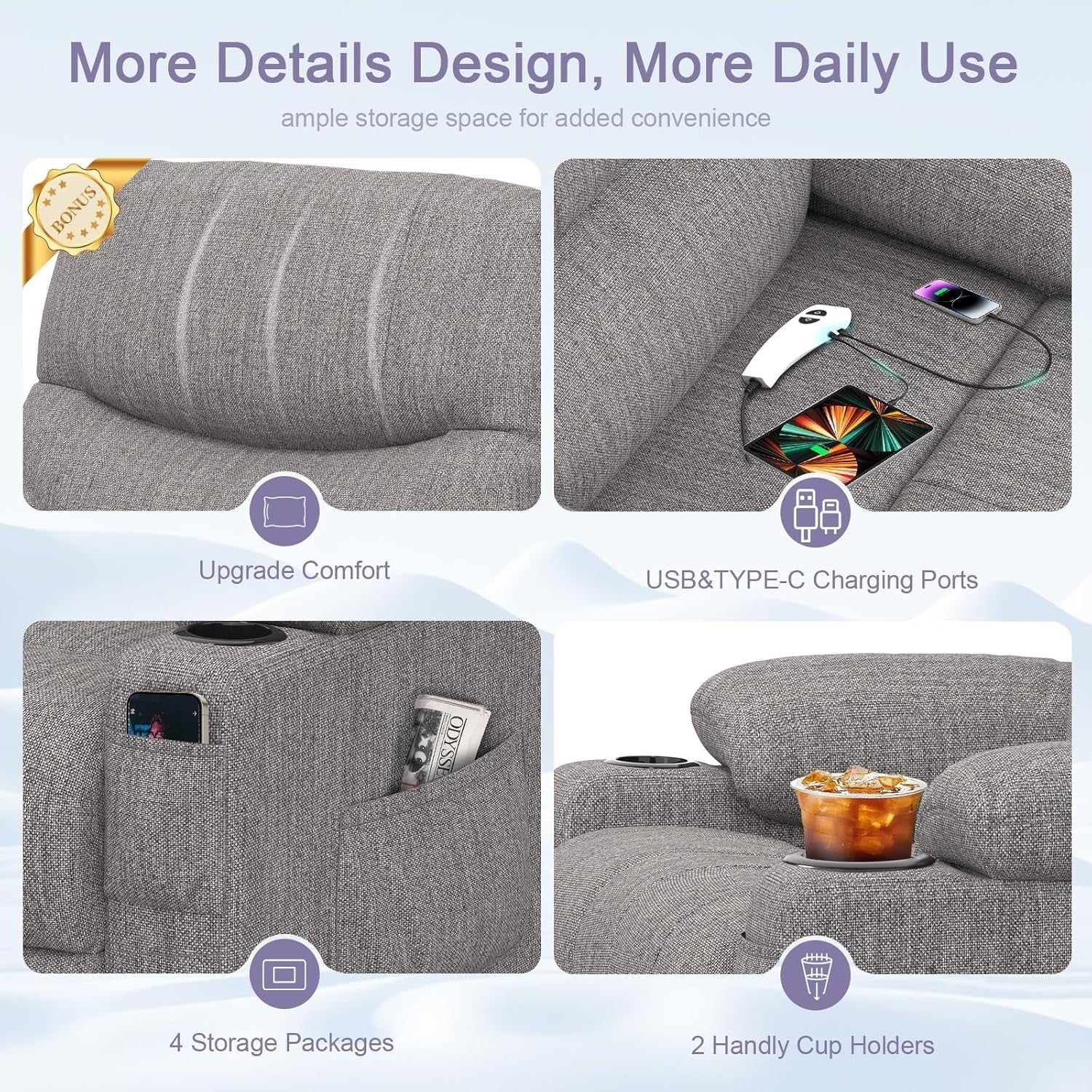 Electric Recliner Chair Massage Heat Oversized Lift USB Type-C Grey Armchair