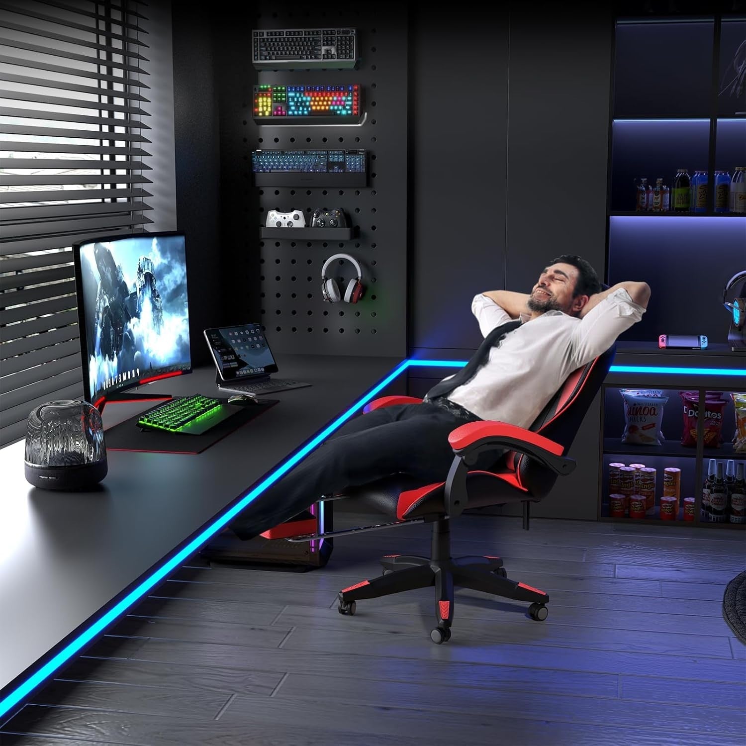 Gaming Chair High Back Recliner LED Lights Ergonomic PC Racing Swivel Red