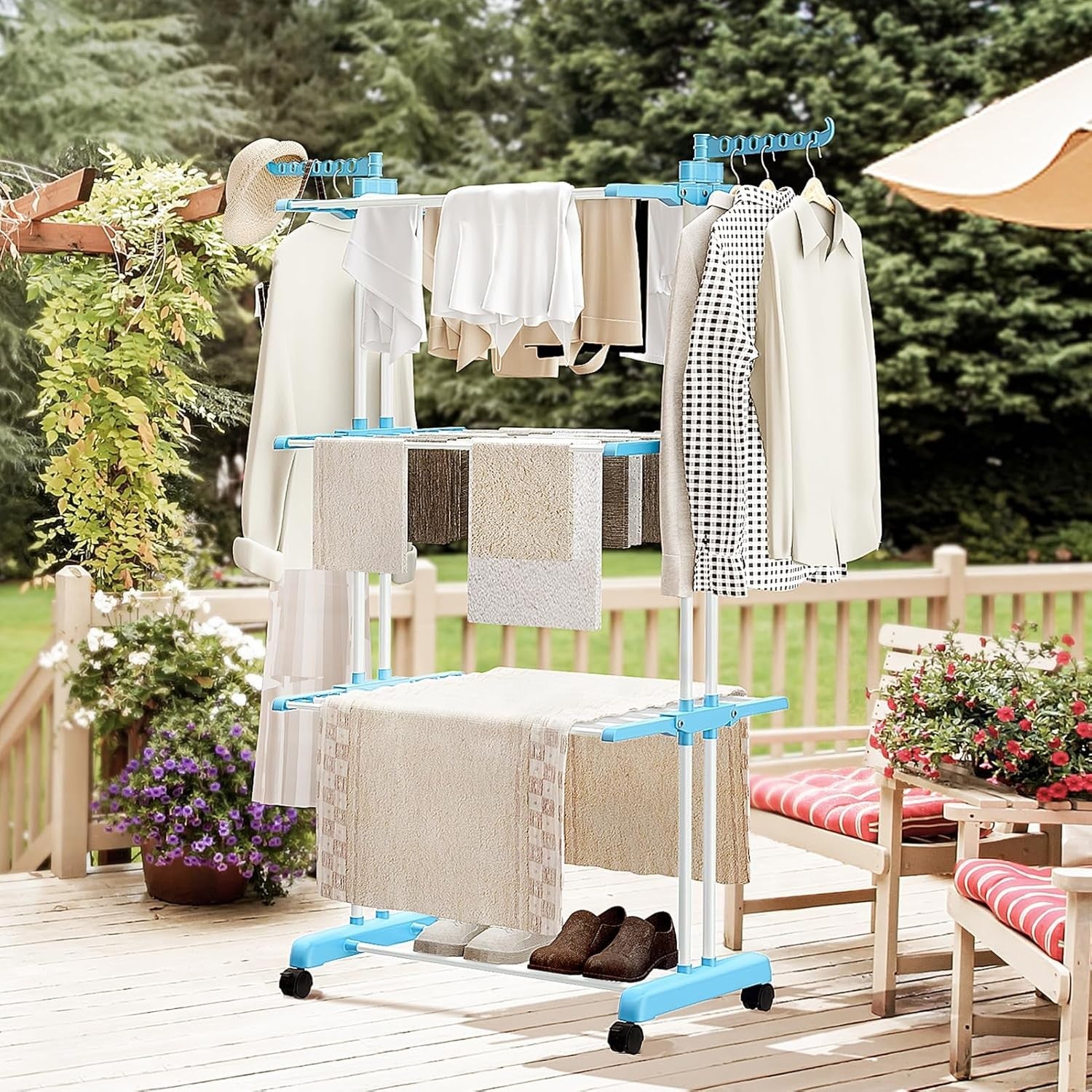 Mobile 3 Level Clothes Drying Trolley Folding Laundry Stand with Wheels