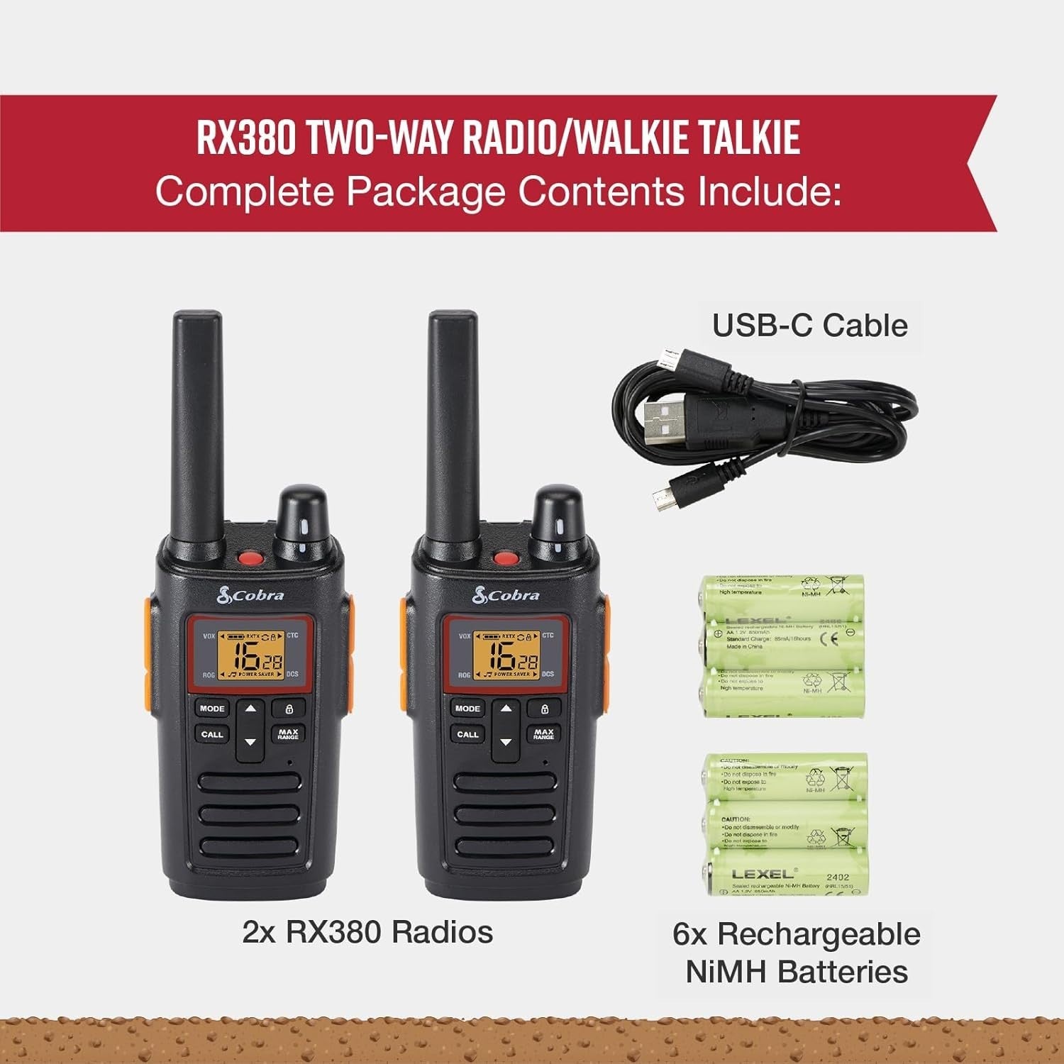 Rechargeable Walkie Talkies 2-Pack, 16 Channels, 8km Range, IPX2