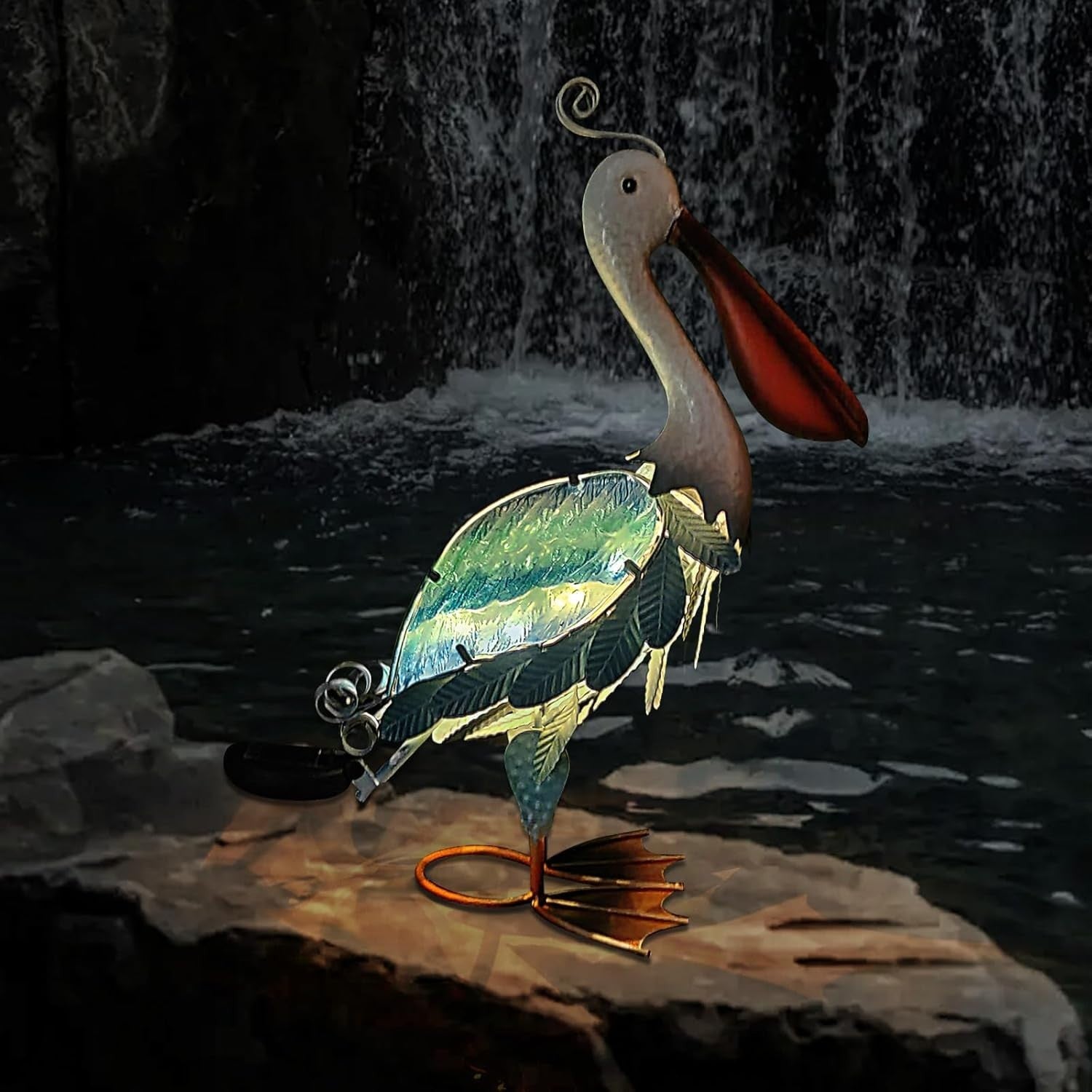 Solar Metal Pelican Garden Statue 19" Coastal Bird Ornament Outdoor Yard Decor