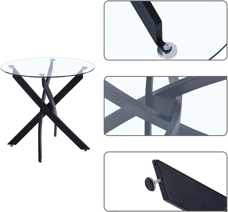 Round Dining Table 80cm Black Metal Legs Tempered Glass Modern Kitchen