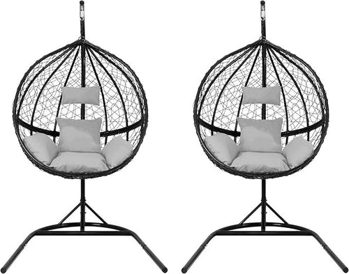 Hanging Egg Chairs x2 Black Rattan Swing with Cushions Indoor Outdoor Patio