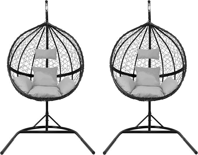 Hanging Egg Chairs x2 Black Rattan Swing with Cushions Indoor Outdoor Patio