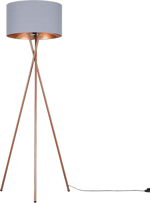 Copper Tripod Floor Lamp Modern Metal Standing Light Grey Fabric Shade