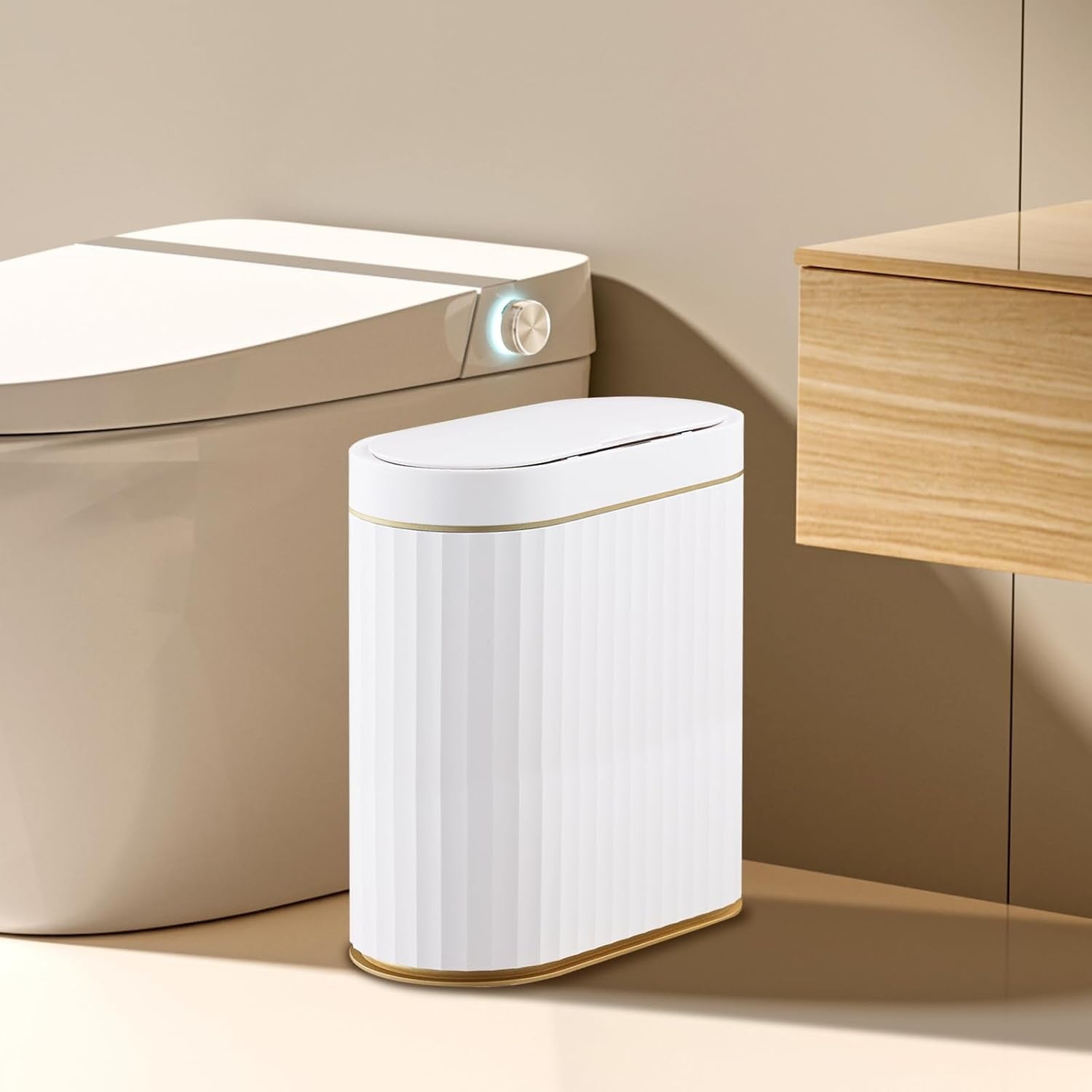 2.5 Gallon Touchless Bathroom Bin Motion Sensor White Gold