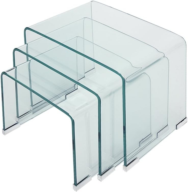 Nest of 3 Clear Glass Coffee Side End Tables Modern Space Saving Set