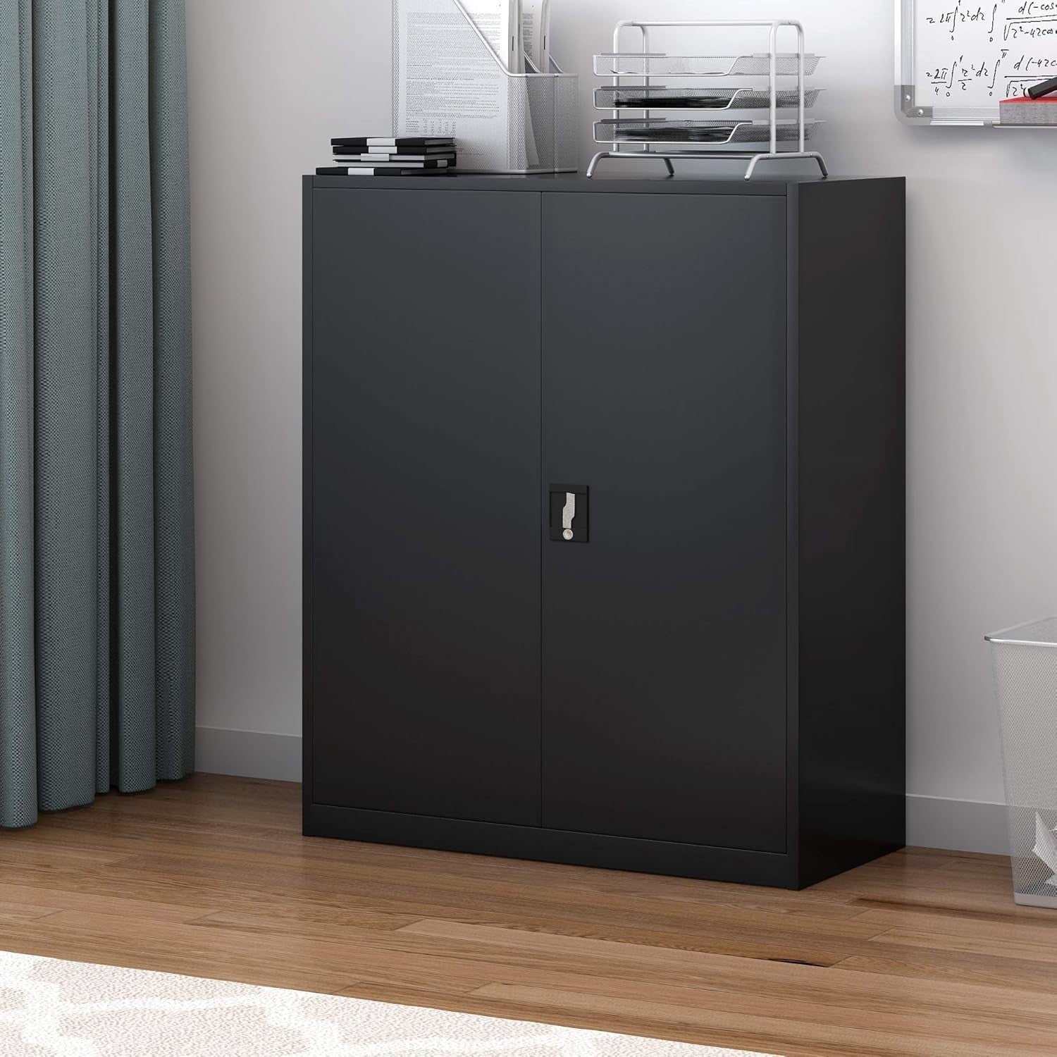 Metal Lockable Storage Cabinet Black, 2 Door Office Cupboard, 4 Shelves, 109cm