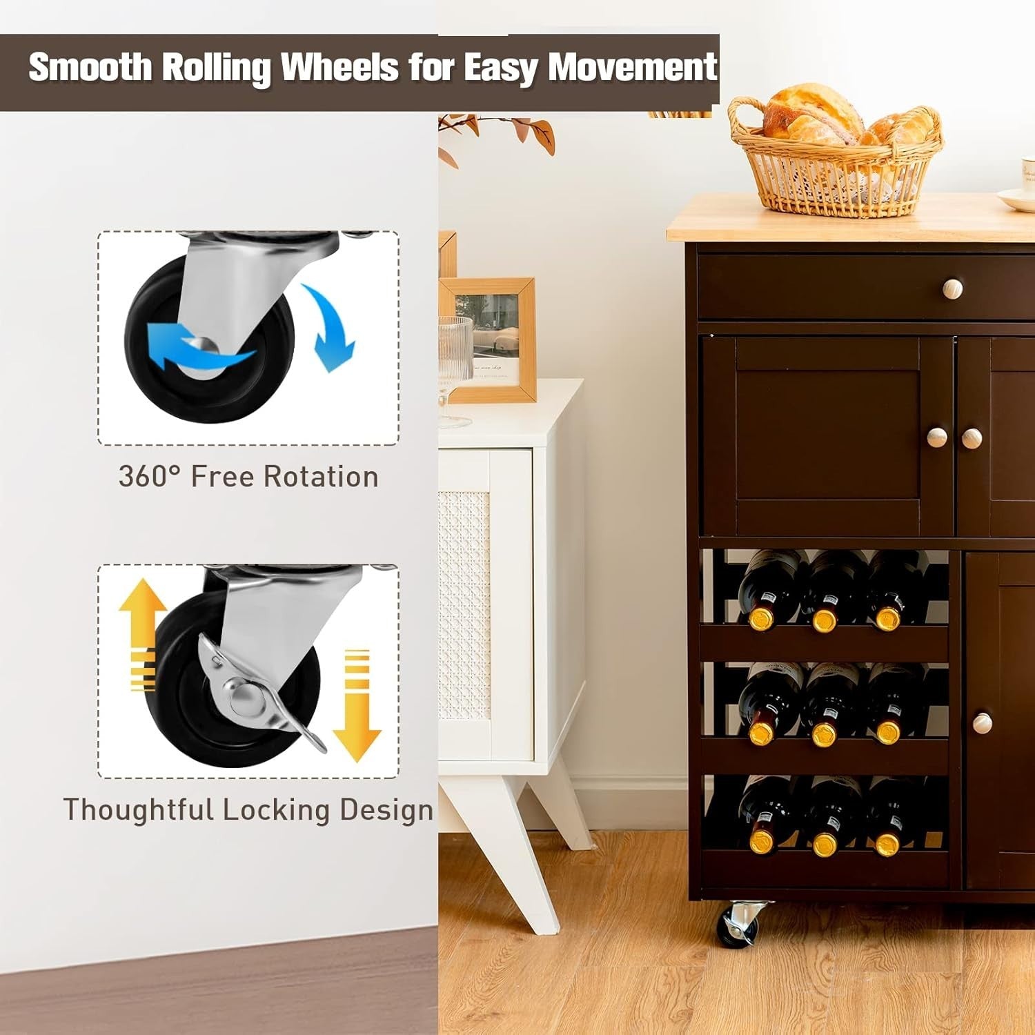 67x37x86cm Brown Kitchen Island Trolley Wine Rack