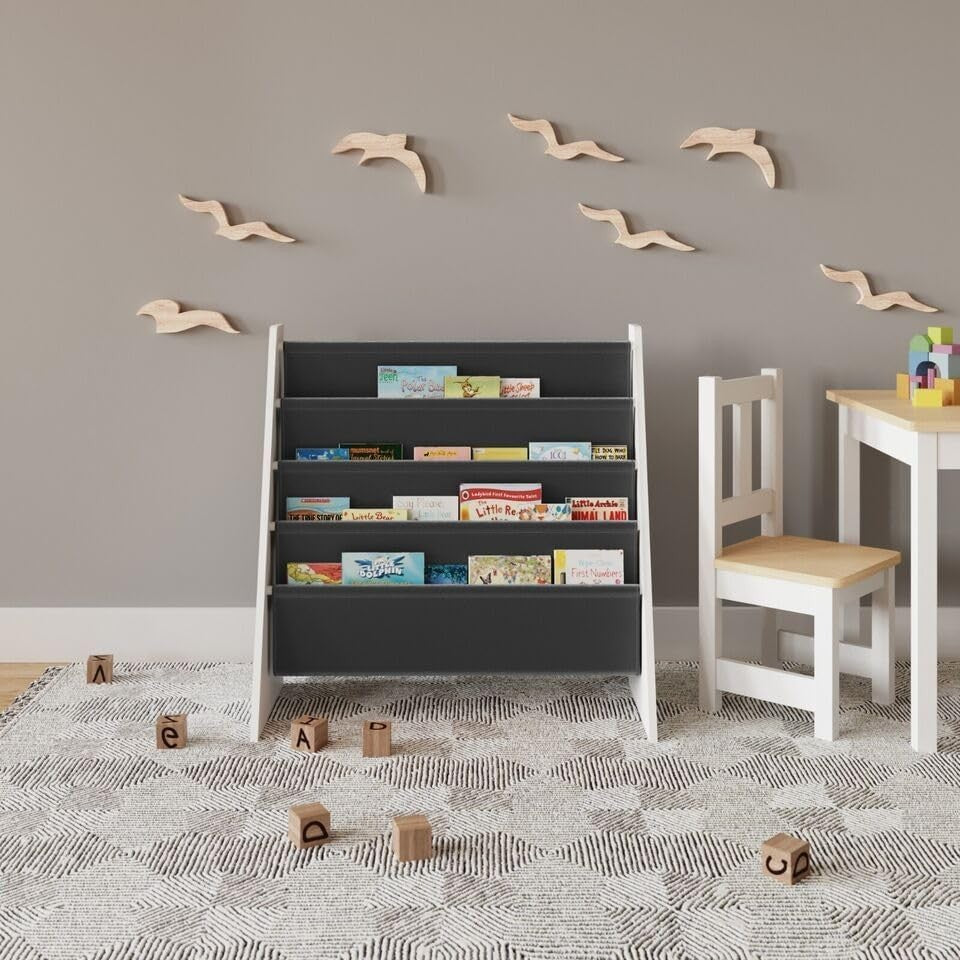 Kids 4 Tier Sling Bookshelf MDF & Fabric Book Storage Rack Grey