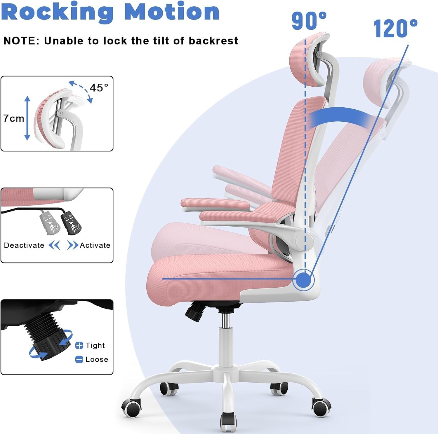 Pink Ergonomic Office Chair Mesh Back Flip-Up Armrests Adjustable Headrest Tall