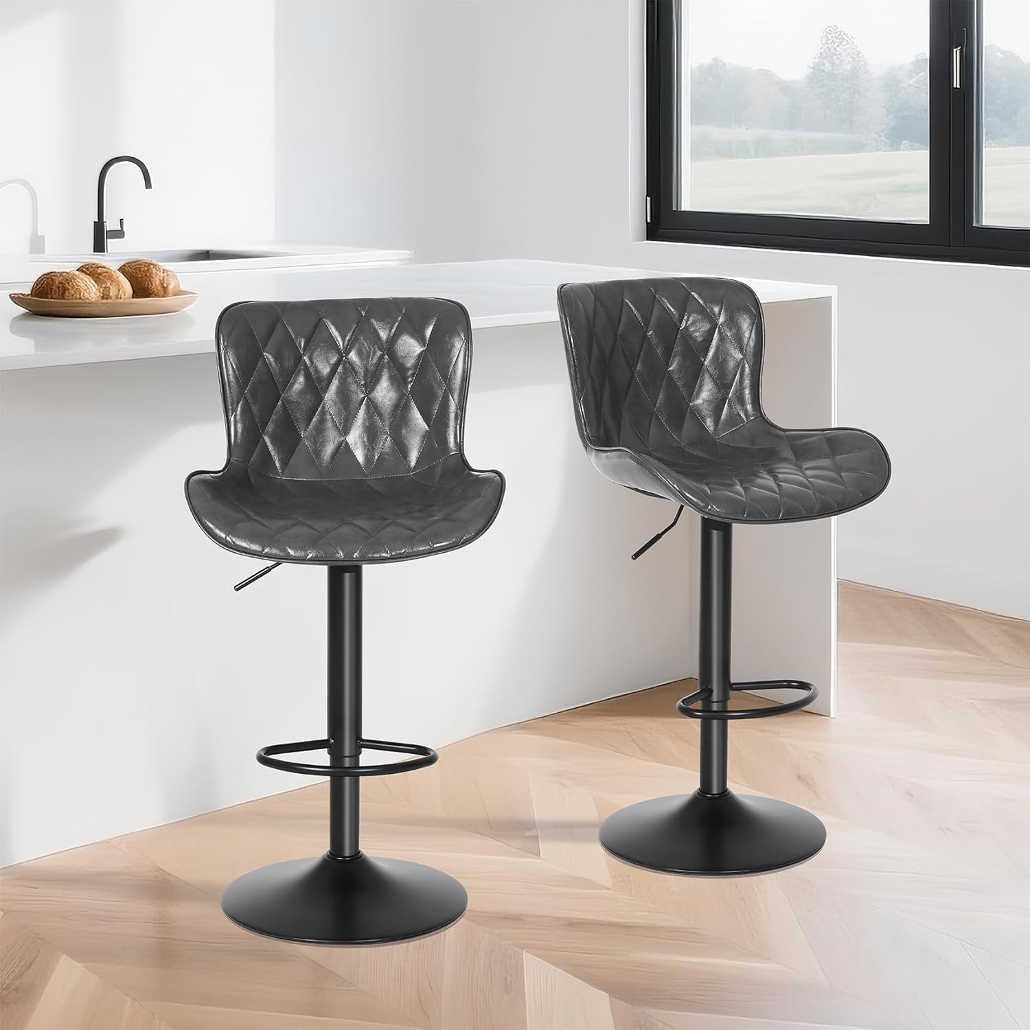 Dark Gray Bar Stool | Faux Leather Seat, Adjustable Swivel, Footrest