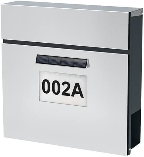 Wall Mounted Stainless Steel Mailbox with Solar LED, Lock, A4 Slot, Weatherproof
