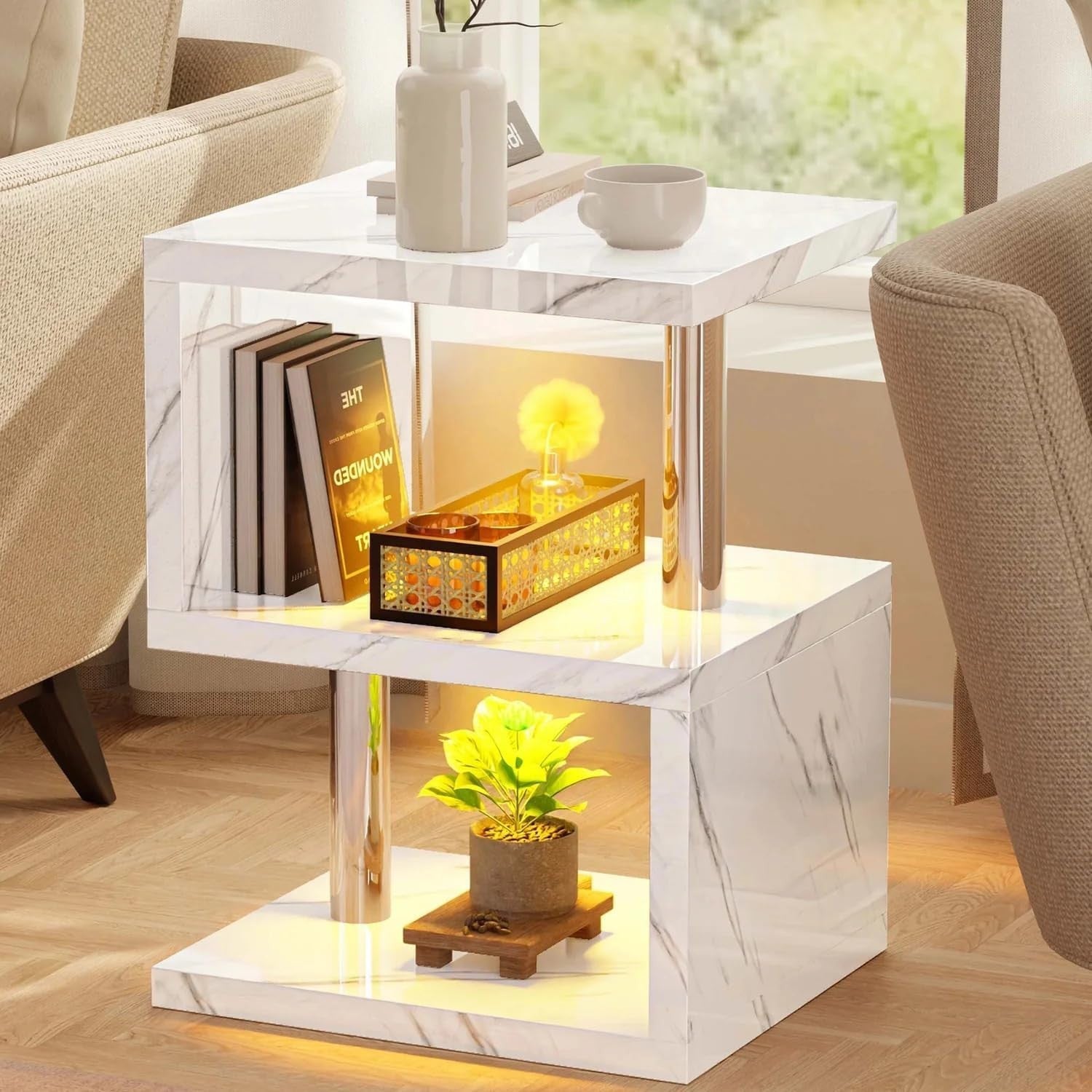 Modern White Marble S-Shaped LED Side Table with Storage & RGB Lights
