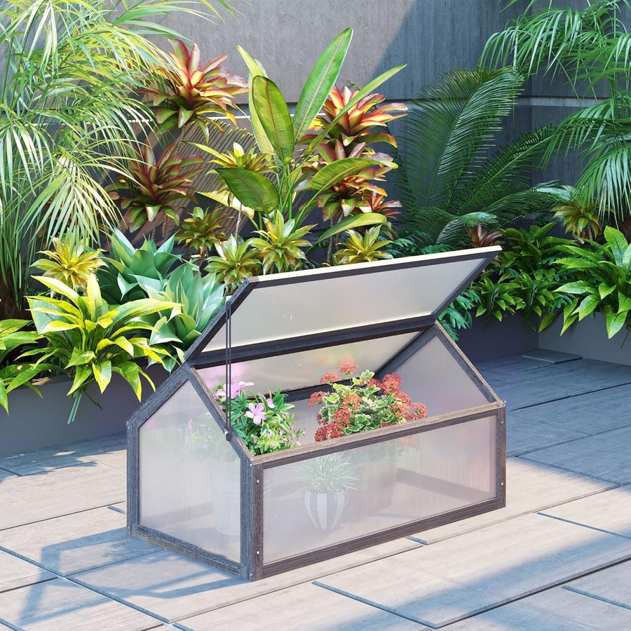 Grey Wooden Cold Frame Greenhouse Polycarbonate Mini Grow House for Plants