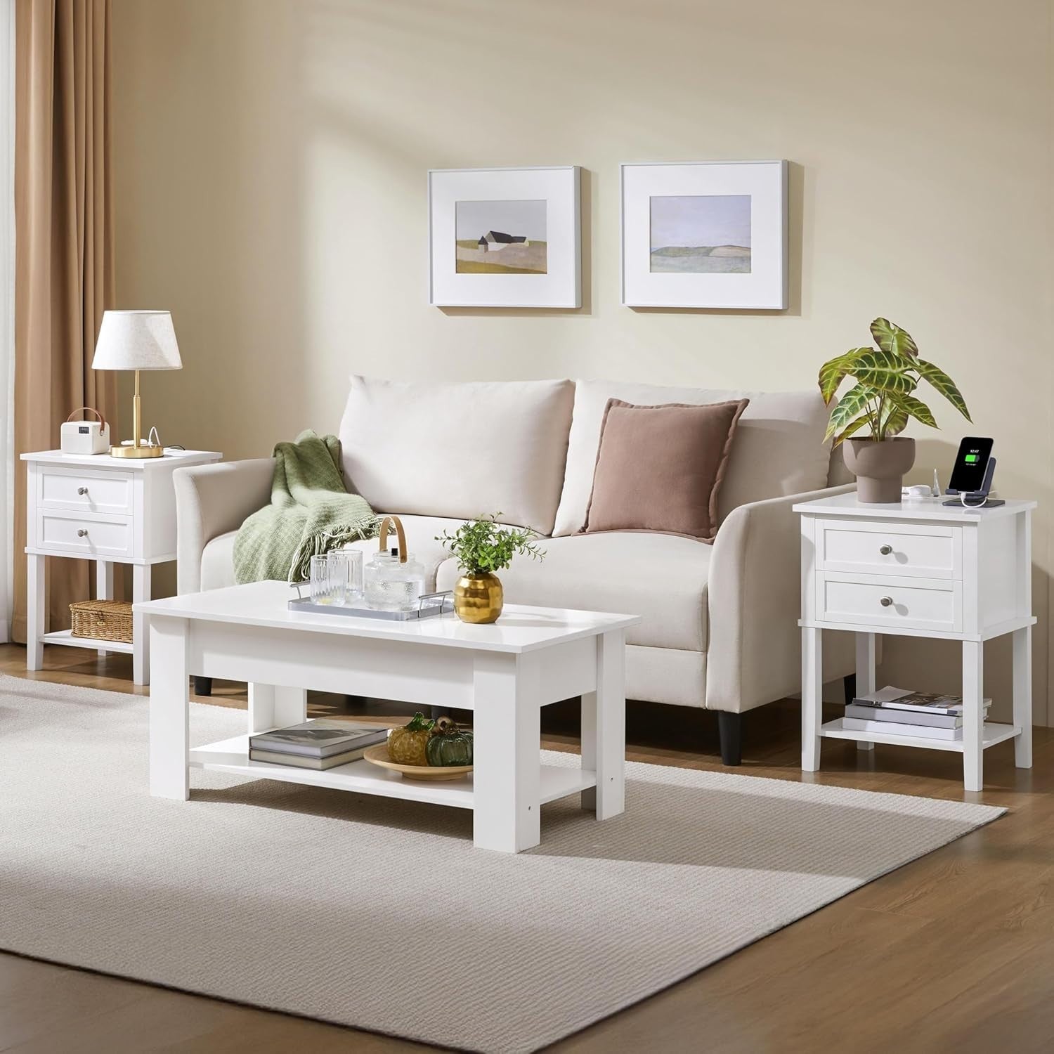 White Bedside Tables Set of 2 with Charging Station, 2 Drawers & Shelf