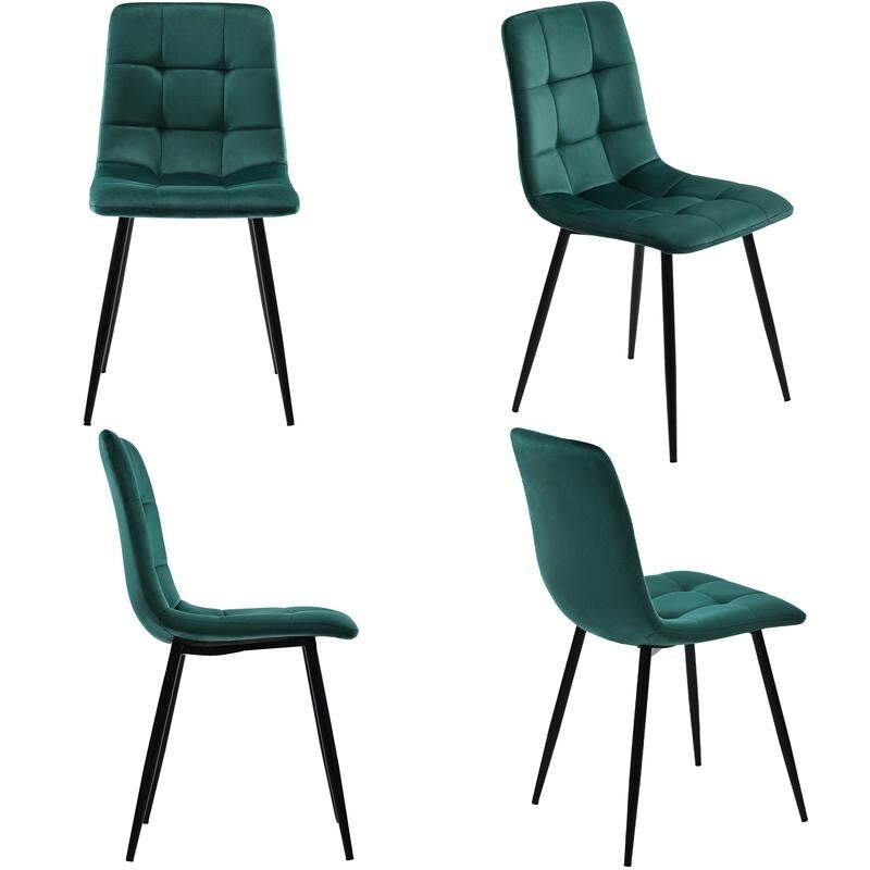 Set of 4 Dark Green Velvet Dining Chairs – Modern Padded Seat, Metal Legs