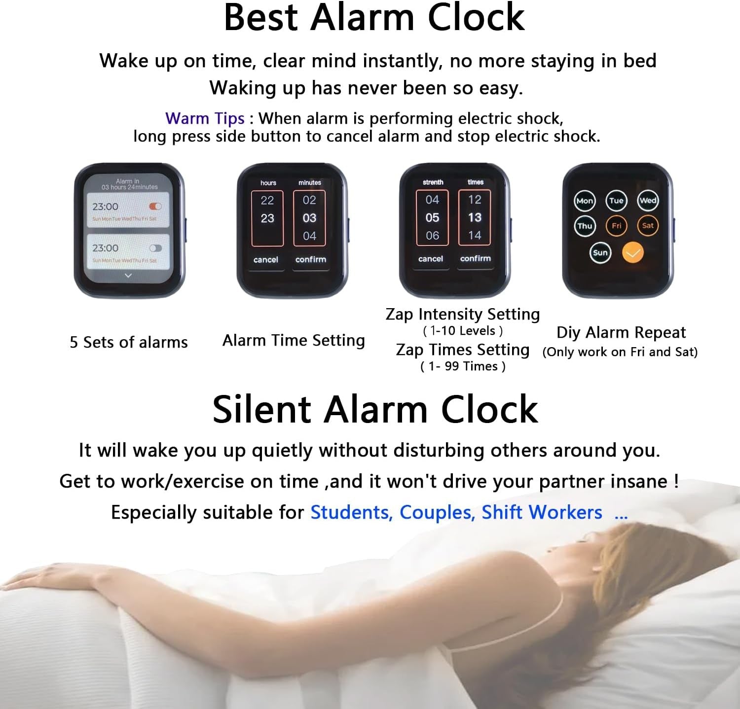 Silent Vibrating Alarm Clock Wrist Watch for Heavy Sleepers Black