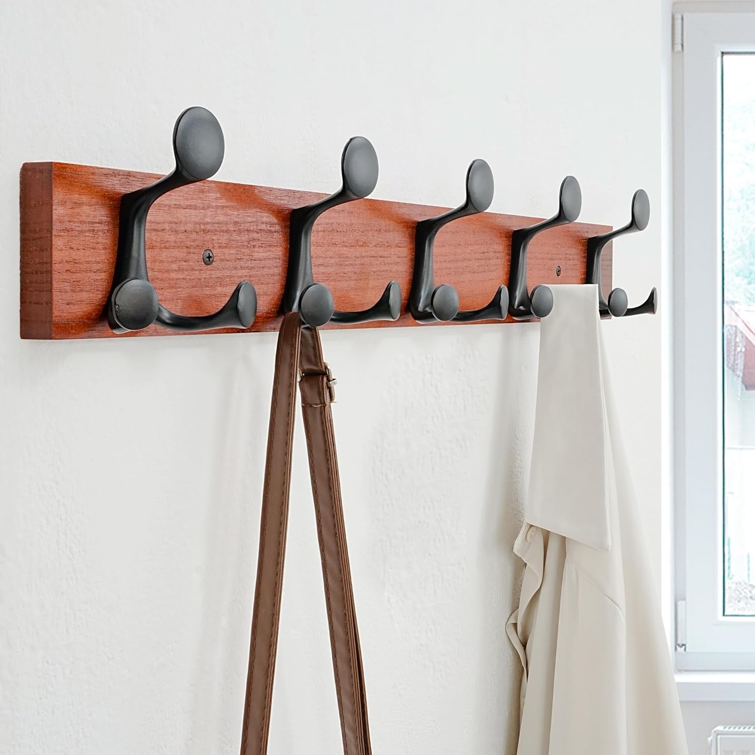 Rustic Cherry Wood Wall Coat Rack 61cm – 5 Triple Hooks Heavy Duty Hanger
