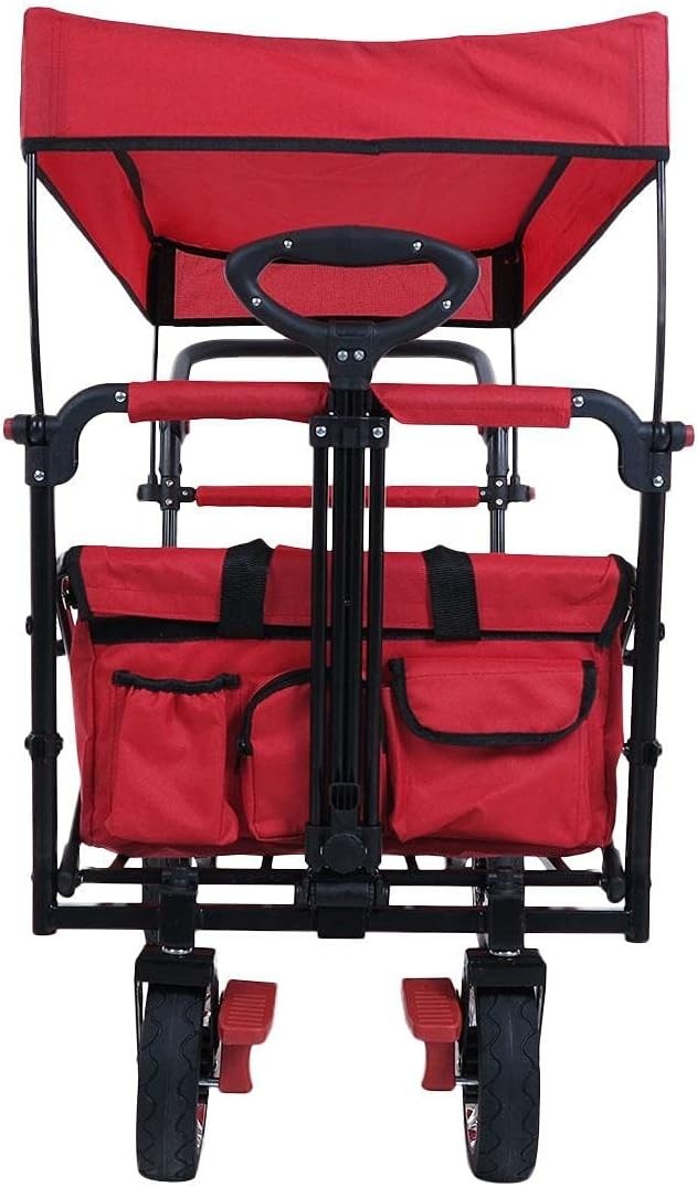 Red Folding Kids Wagon w/ Roof Push Pull Cart Brakes Solid Wheels & Extension