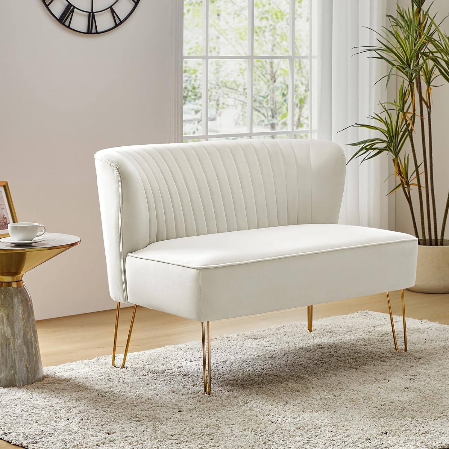 Lvory Velvet 2 Seater Sofa with Gold Legs Compact Loveseat for Lounge Flat