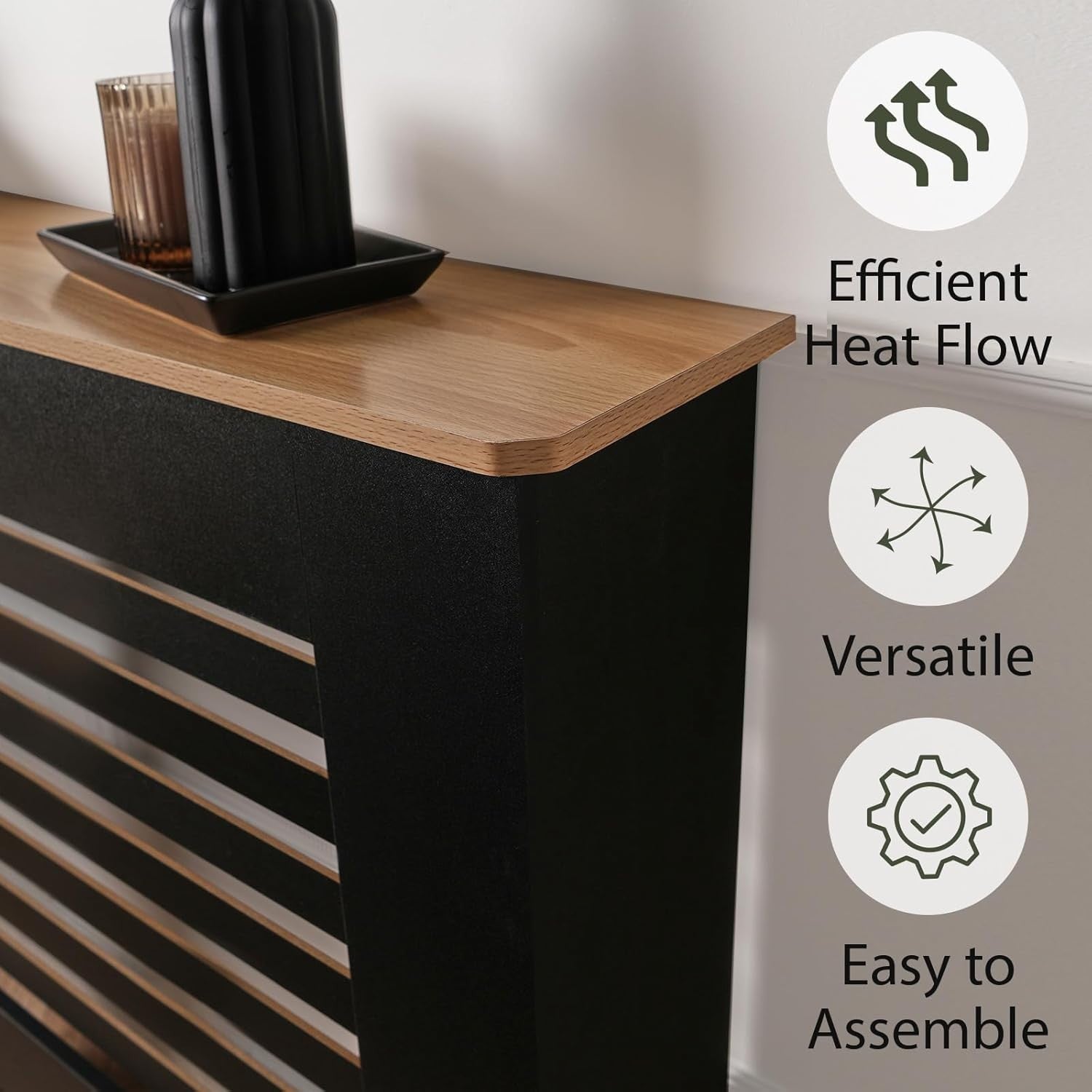 Modern Black Radiator Cover Shelf | Natural Oak Top Heating Cabinet
