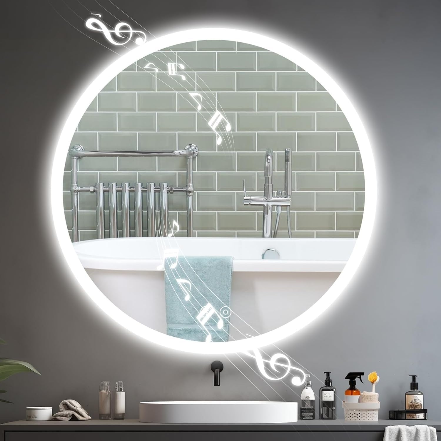 Bluetooth LED Vanity Mirror with Demister, Dimmable 3-Color Lights, 70x70cm
