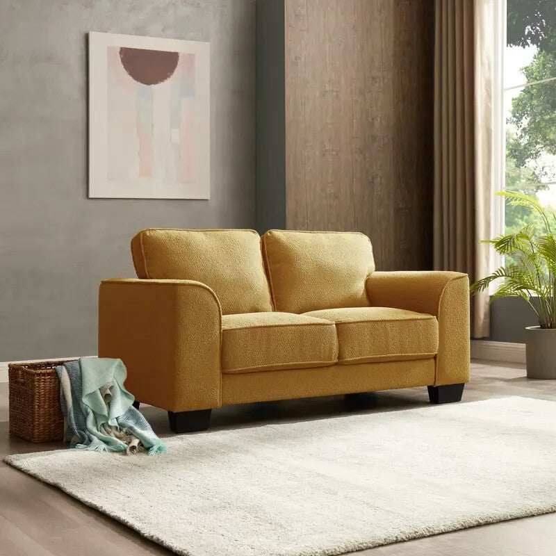 Mustard Boucle 2 Seater Sofa Deep Cushions Compact Modern UK Living Room