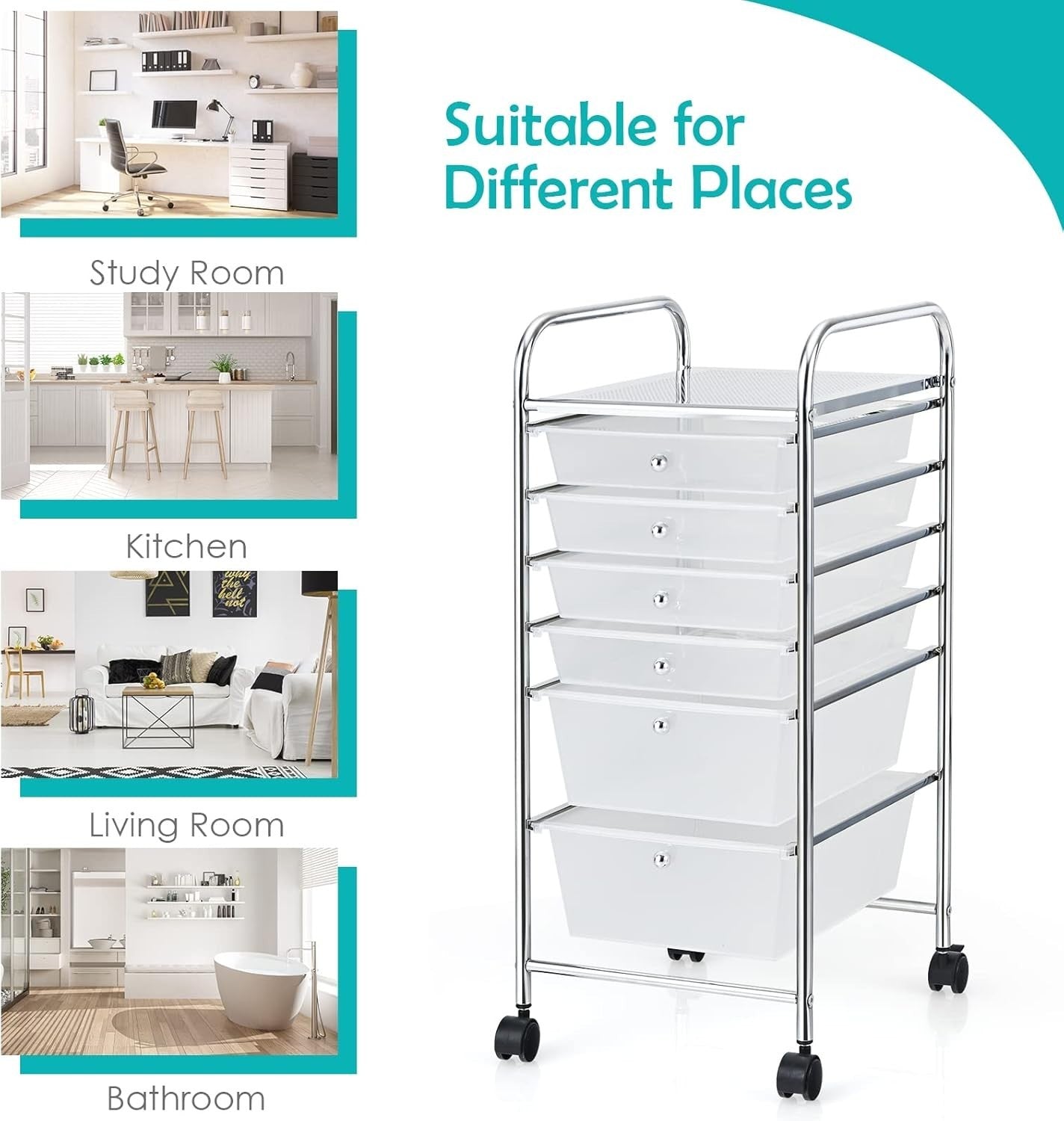 6 Drawer Rolling Storage Trolley Clear Utility Organizer Cart Wheels