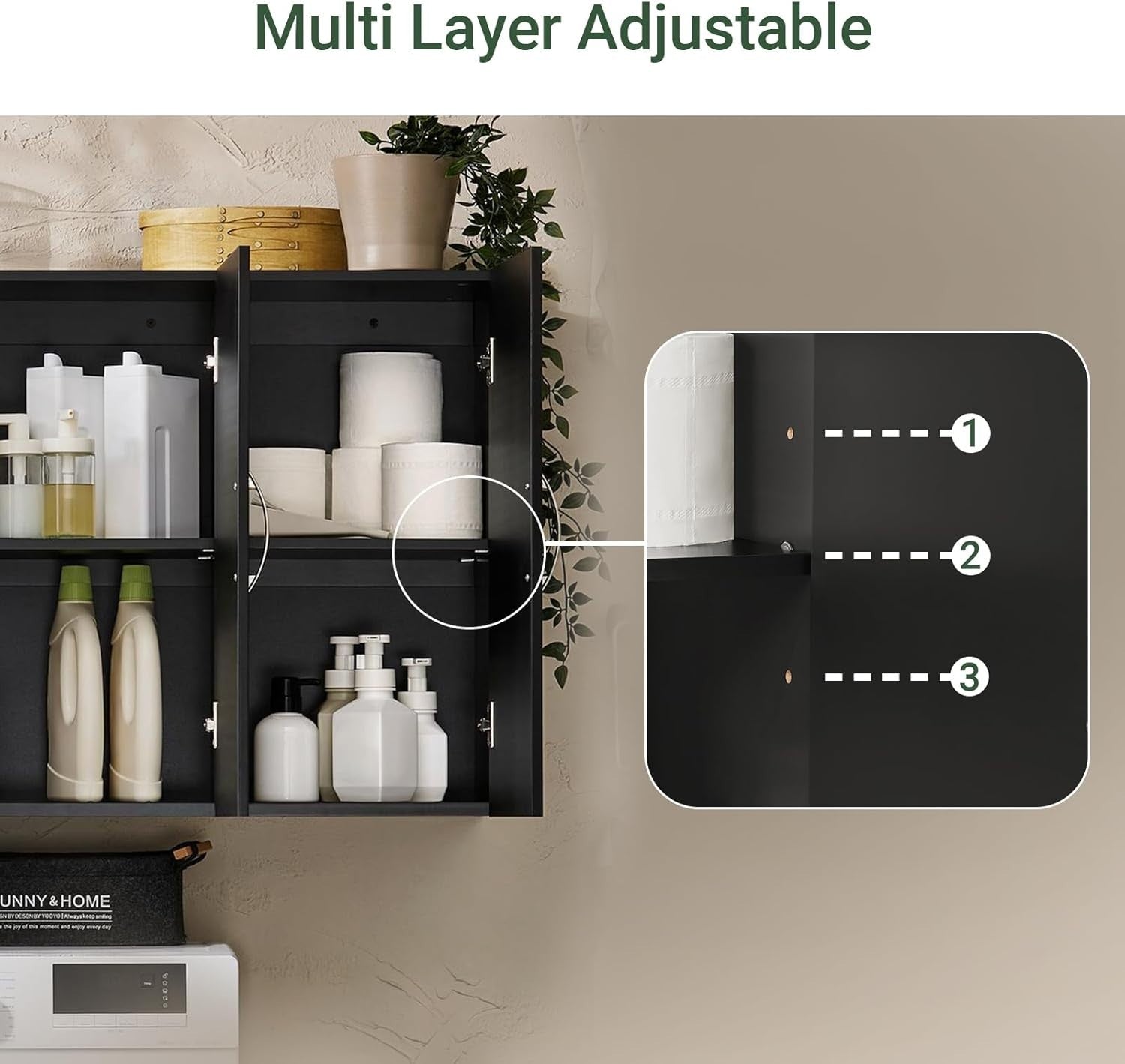 Wall Mounted Bathroom Cabinet with 3 Doors, Adjustable Shelves, Black